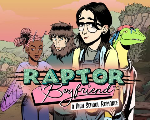 A girl, Stella, stands with three friends in this key art for Raptor Boyfriend: A High School Romance. The friends are a fairy, a sasquatch, and a dinosaur.