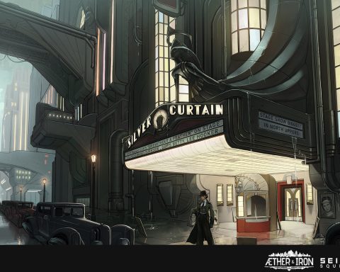 A sketch of a location in Aether & Iron. It shows the outside of the Silver Curtain theatre. A figure with a hat and a long, dark coat waits outside as cars pass by.