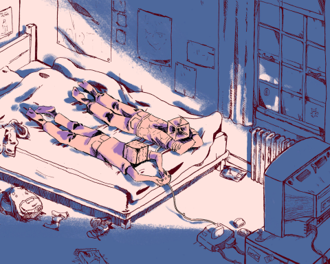 A screenshot from Wednesdays, labelled "Felda." Two people with boxes for heads are laying in bed on their stomachs, playing video games.