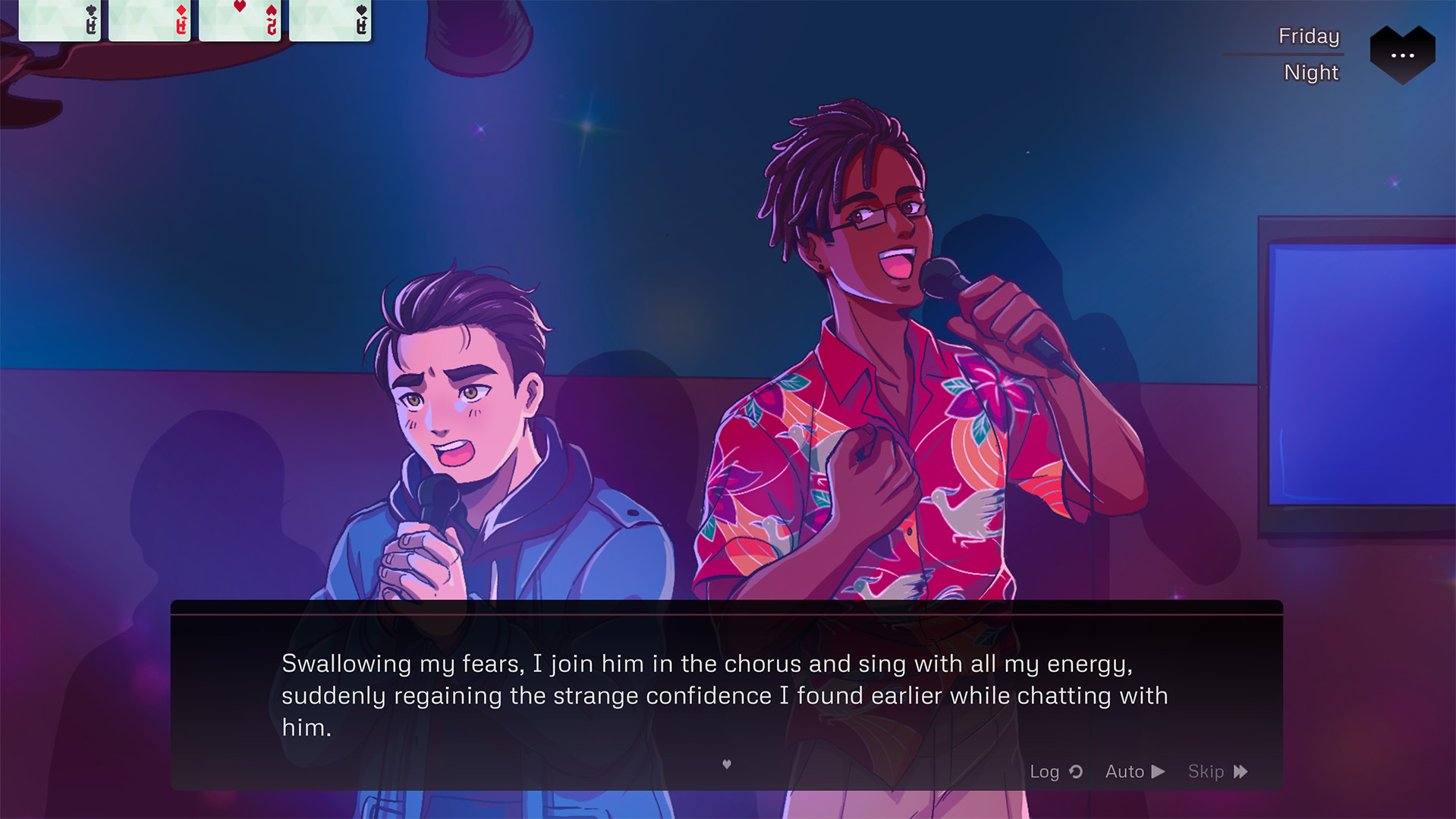 A screenshot from Pivot of Hearts. A white man and a black man are singing karaoke. The thought bubble reads, "Swallowing my fears, I join him in the chorus and sing with all my energy, suddenly regaining the strange confidence I found earlier while chatting with him."