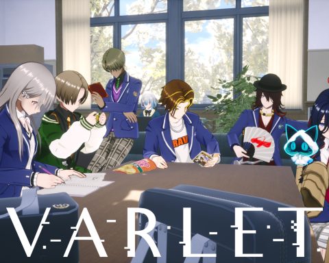 A screenshot of six students around the table in Varlet. The logo is at the bottom centre, in white.